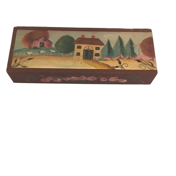 Hand Painted Wood Slide Top Box Cottage Farm Scene Teacher Gift Vintage Decor 8" - Picture 1 of 6